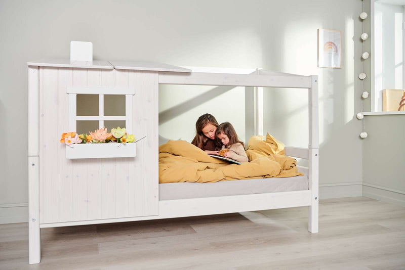 Single Bed with 1/2 House, Ladder and Safety Rail, 90x200 cm, White