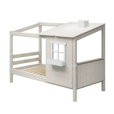 Single Bed with 1/2 House, Ladder and Safety Rail, 90x200 cm, White