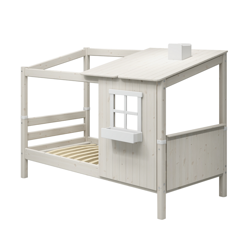 Single Bed with 1/2 House, Ladder and Safety Rail, 90x200 cm, White