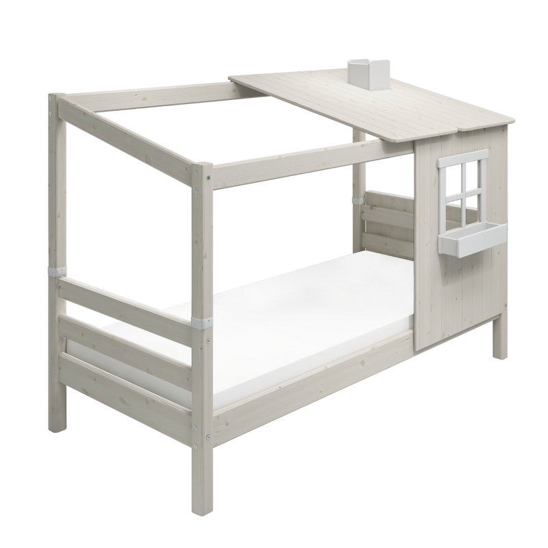 Single Bed with 1/2 House, Ladder and Safety Rail, 90x200 cm, White