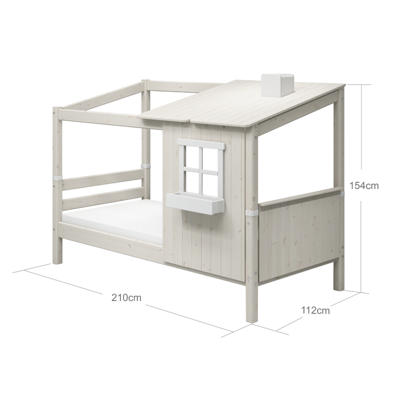 Single Bed with 1/2 House, Ladder and Safety Rail, 90x200 cm, White