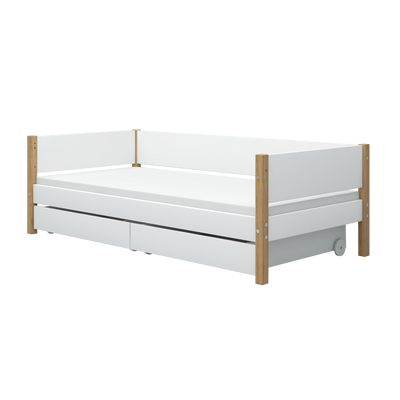 Single Bed with Storage and Safety Rail, 90x200 cm, White/Oak