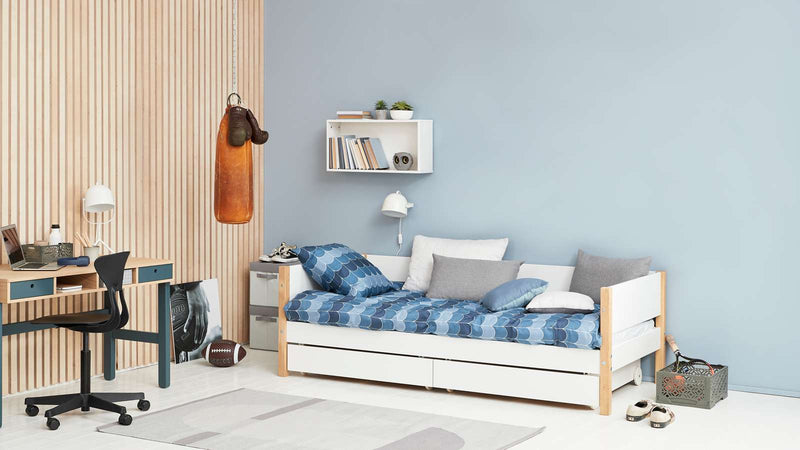 Single Bed with Storage and Safety Rail, 90x200 cm, White/Oak