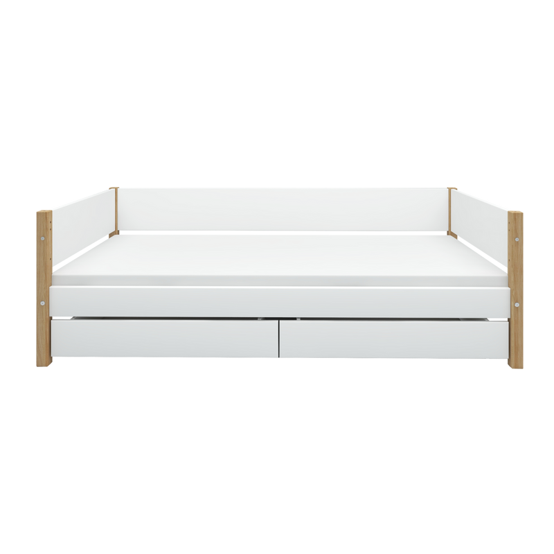 Single Bed with Storage and Safety Rail, 90x200 cm, White/Oak