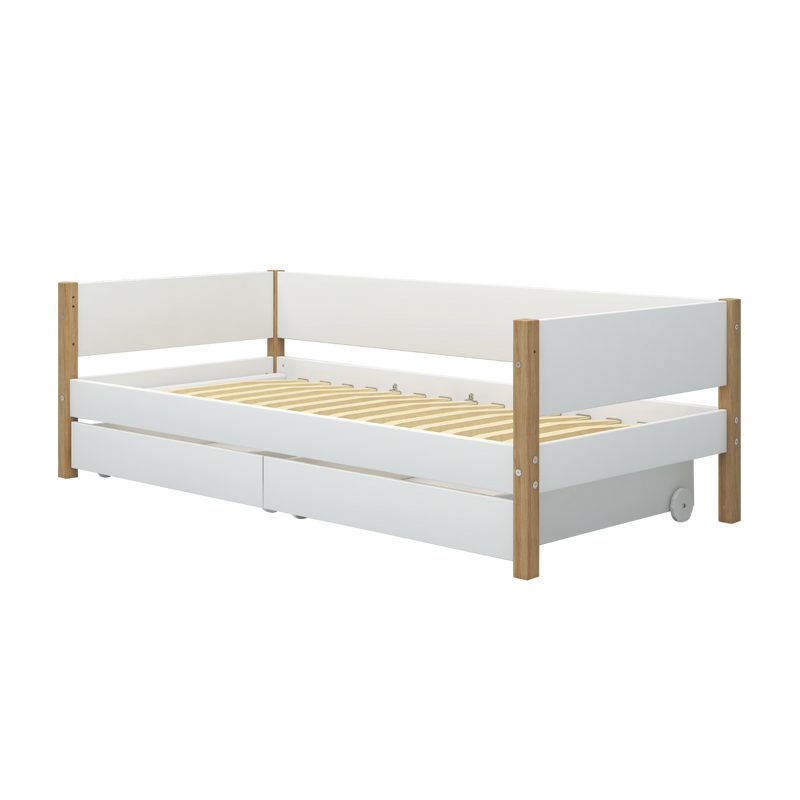 Single Bed with Storage and Safety Rail, 90x200 cm, White/Oak