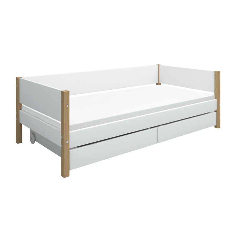 Single Bed with Storage and Safety Rail, 90x200 cm, White/Oak