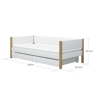 Single Bed with Storage and Safety Rail, 90x200 cm, White/Oak