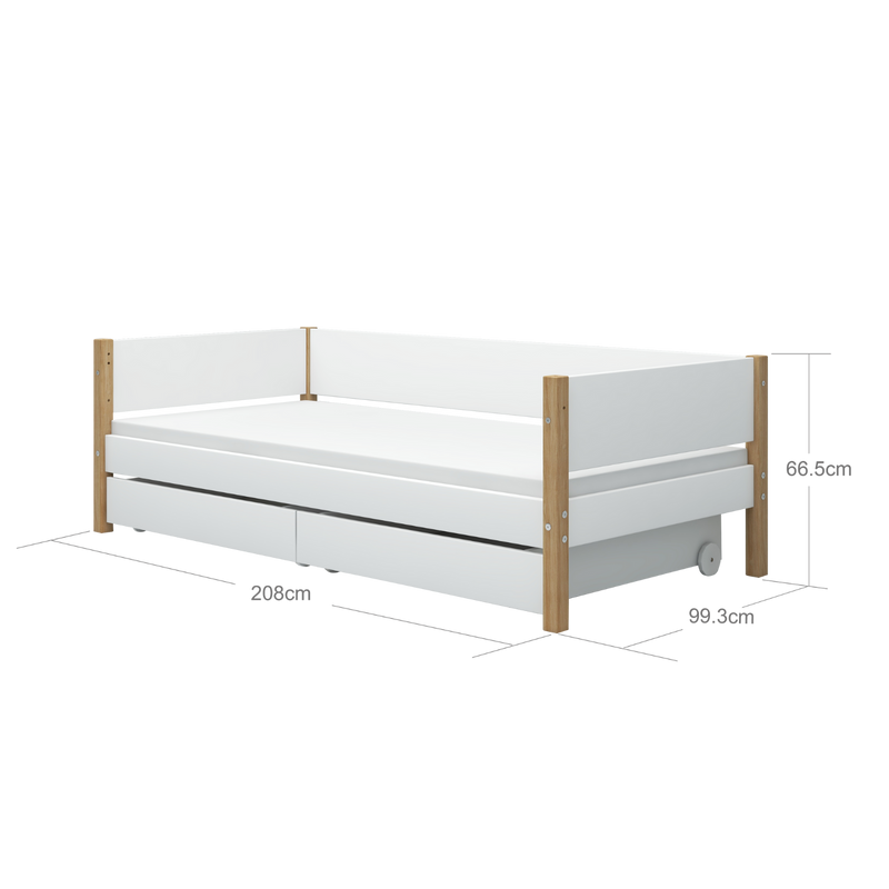 Single Bed with Storage and Safety Rail, 90x200 cm, White/Oak