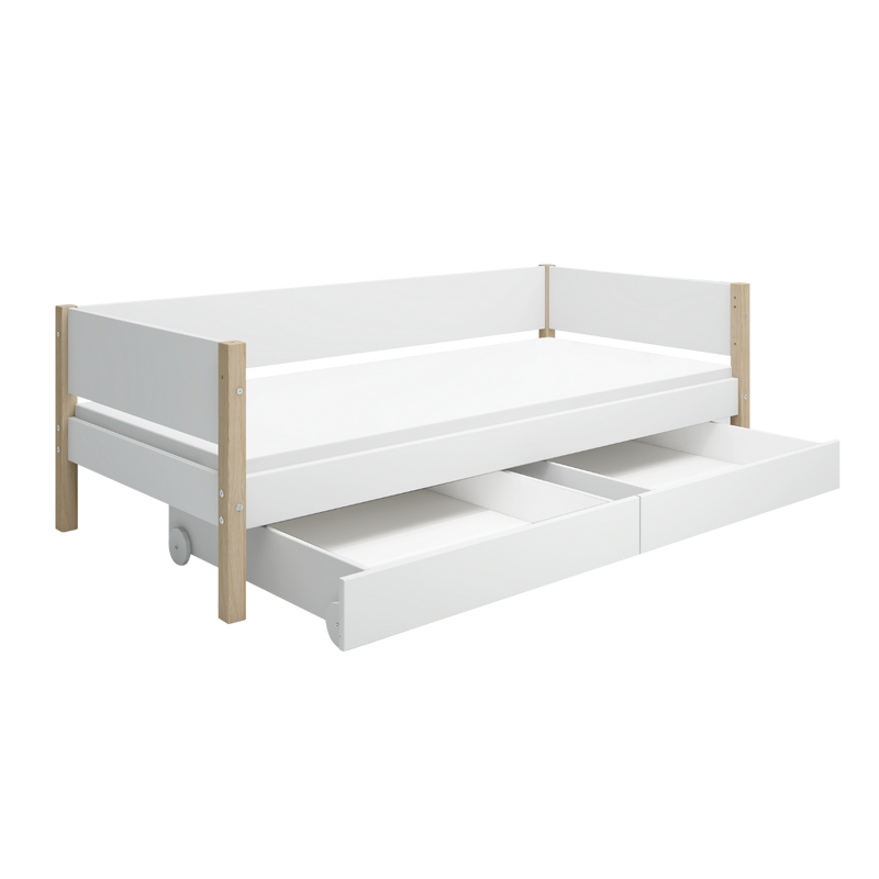 Single Bed with Storage and Safety Rail, 90x200 cm, White/Oak