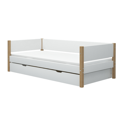 Single Bed with Pull-out Bed and Safety Rail, 90x200 cm, White/Oak