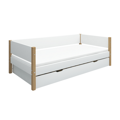 Single Bed with Pull-out Bed and Safety Rail, 90x200 cm, White/Oak