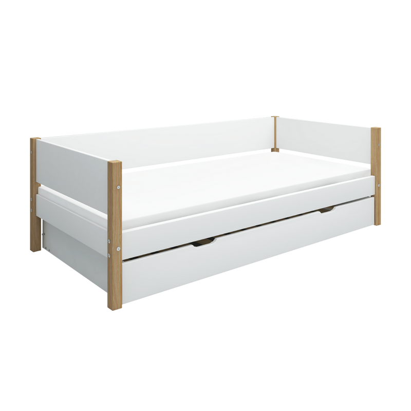 Single Bed with Pull-out Bed and Safety Rail, 90x200 cm, White/Oak