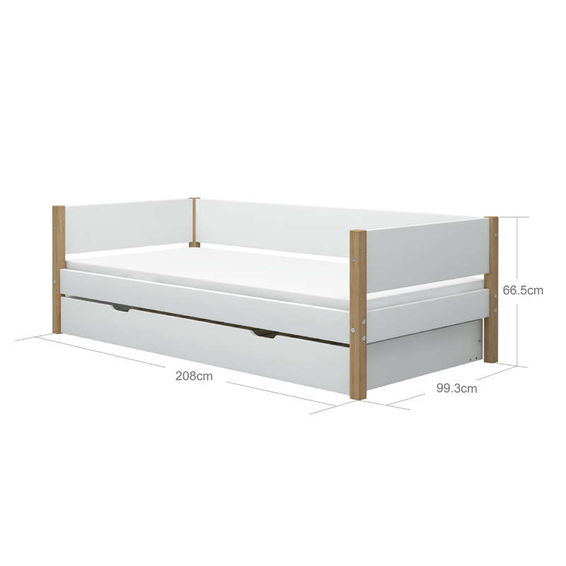 Single Bed with Pull-out Bed and Safety Rail, 90x200 cm, White/Oak