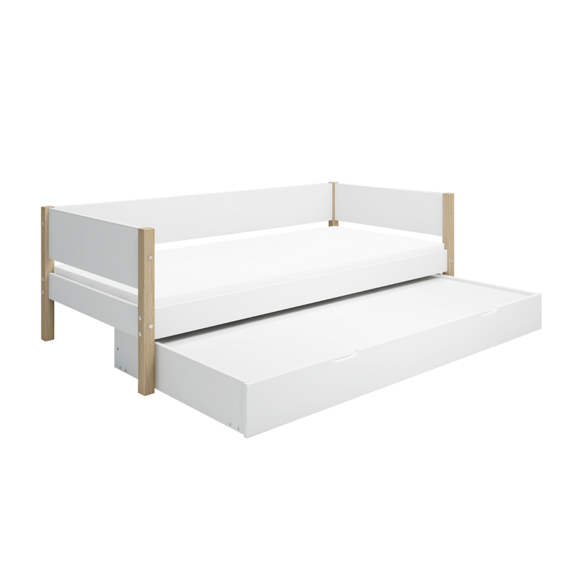 Single Bed with Pull-out Bed and Safety Rail, 90x200 cm, White/Oak