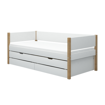 Single Bed with Pull-out, Storage and Safety Rail, 90x200 cm, White/Oak