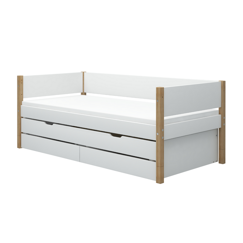 Single Bed with Pull-out, Storage and Safety Rail, 90x200 cm, White/Oak