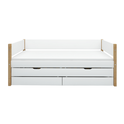 Single Bed with Pull-out, Storage and Safety Rail, 90x200 cm, White/Oak