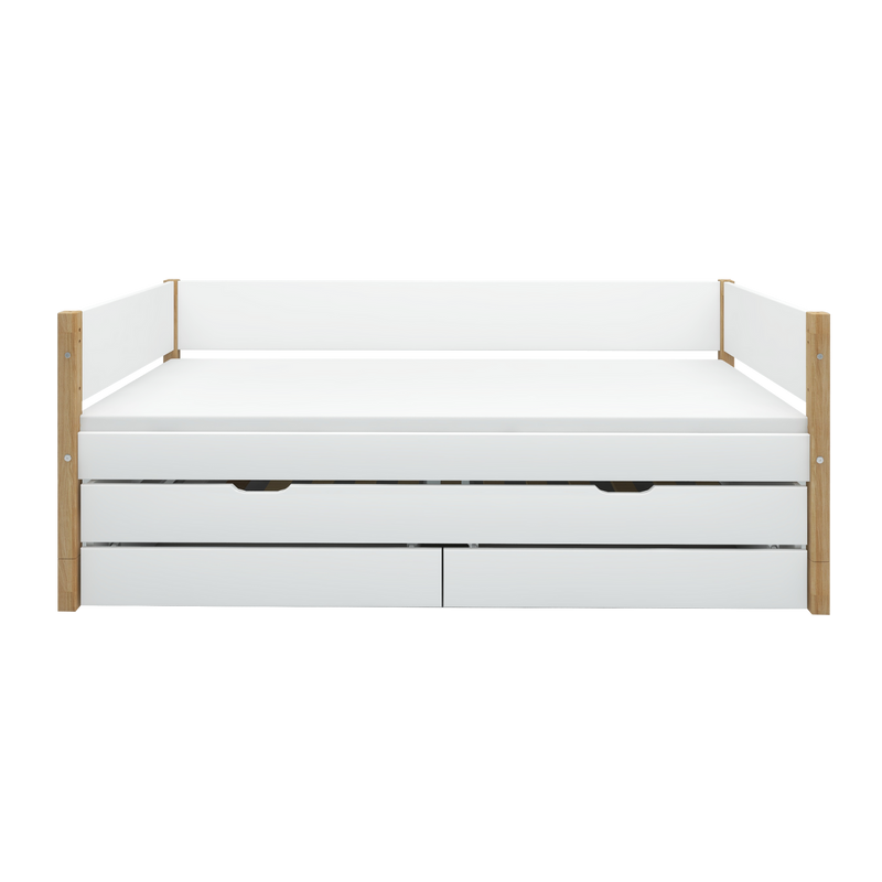 Single Bed with Pull-out, Storage and Safety Rail, 90x200 cm, White/Oak