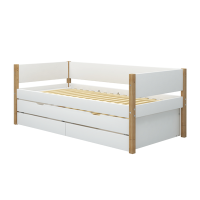 Single Bed with Pull-out, Storage and Safety Rail, 90x200 cm, White/Oak