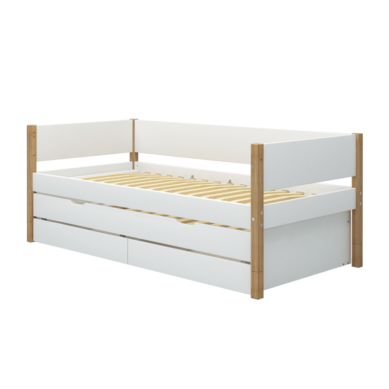 Single Bed with Pull-out, Storage and Safety Rail, 90x200 cm, White/Oak