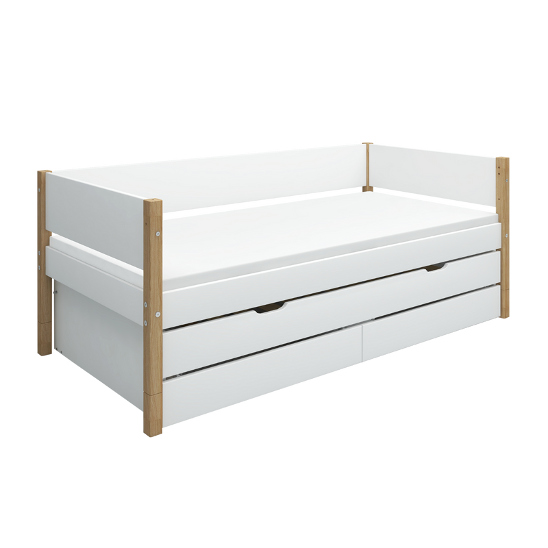 Single Bed with Pull-out, Storage and Safety Rail, 90x200 cm, White/Oak