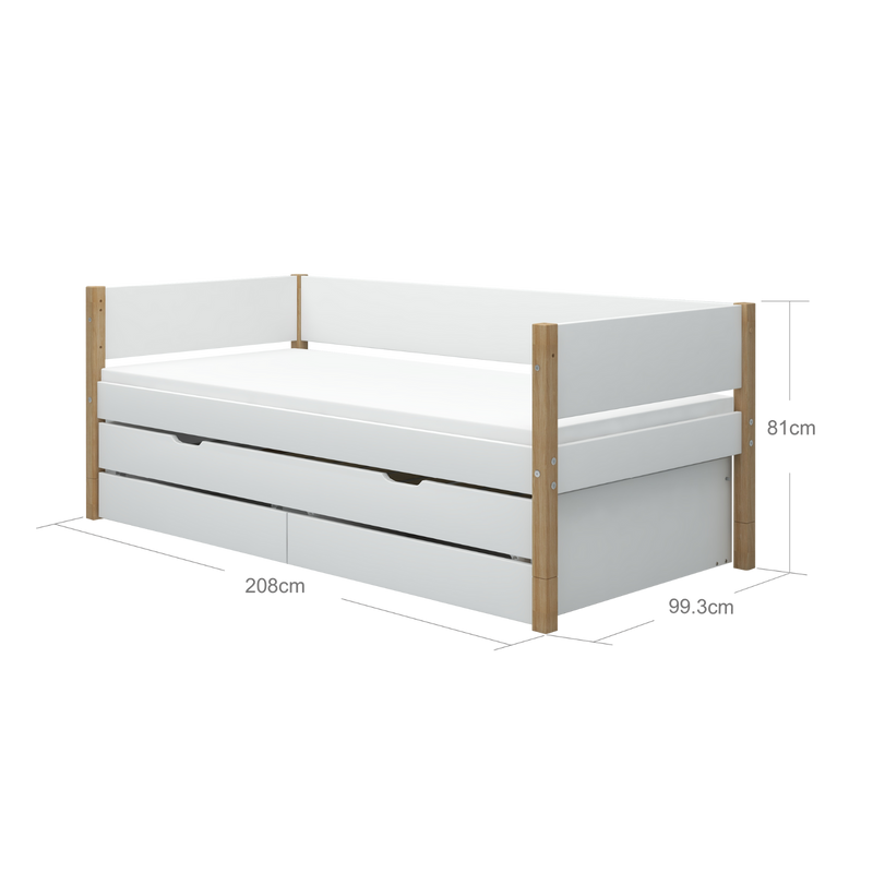 Single Bed with Pull-out, Storage and Safety Rail, 90x200 cm, White/Oak