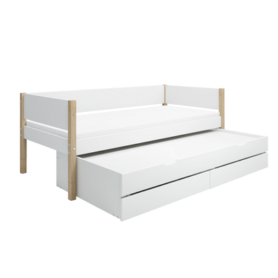 Single Bed with Pull-out, Storage and Safety Rail, 90x200 cm, White/Oak