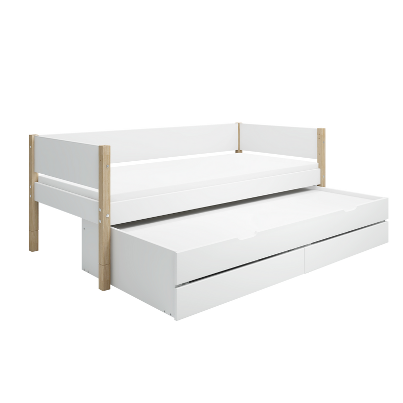 Single Bed with Pull-out, Storage and Safety Rail, 90x200 cm, White/Oak