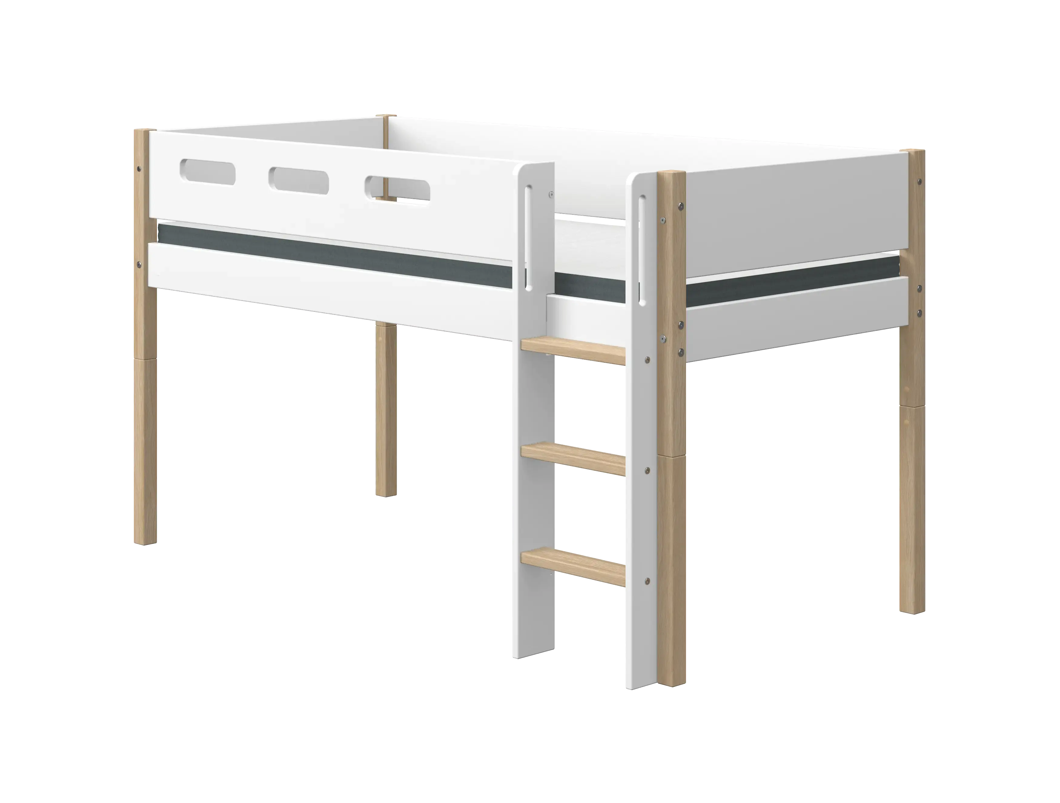 High Bed 120 cm with Ladder and Safety Rail, 90x200 cm, White/Oak BED_MID-HIGH-BED_NOR mid-high-bed-nor-200x90-legs-oak-str-ladder-rail-f-wht-white-oak  flexa-com.myshopify.com