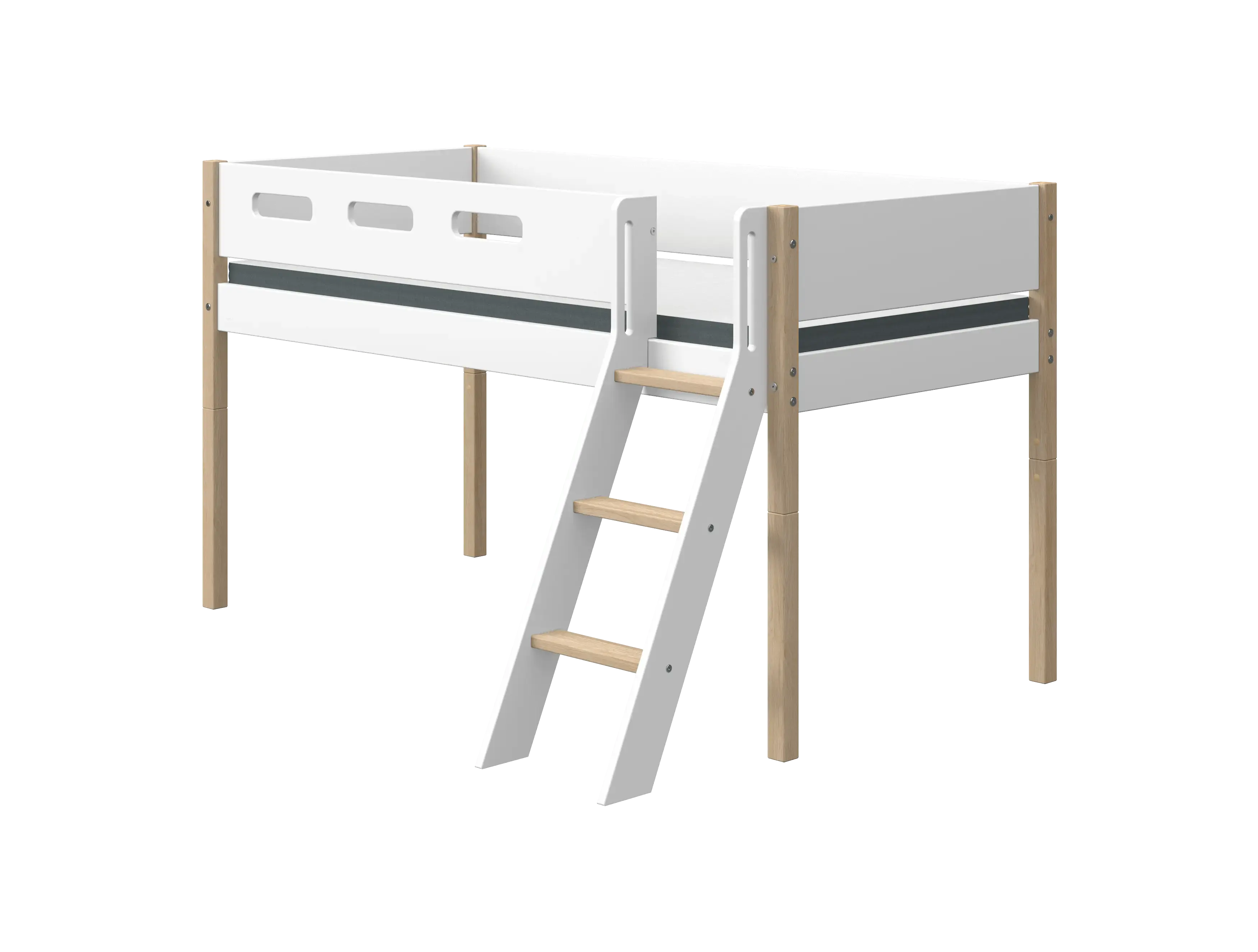 High Bed 120 cm with Ladder and Safety Rail, 90x200 cm, White/Oak BED_MID-HIGH-BED_NOR mid-high-bed-nor-200x90-legs-oak-sl-ladder-rail-f-wht-white-oak  flexa-com.myshopify.com