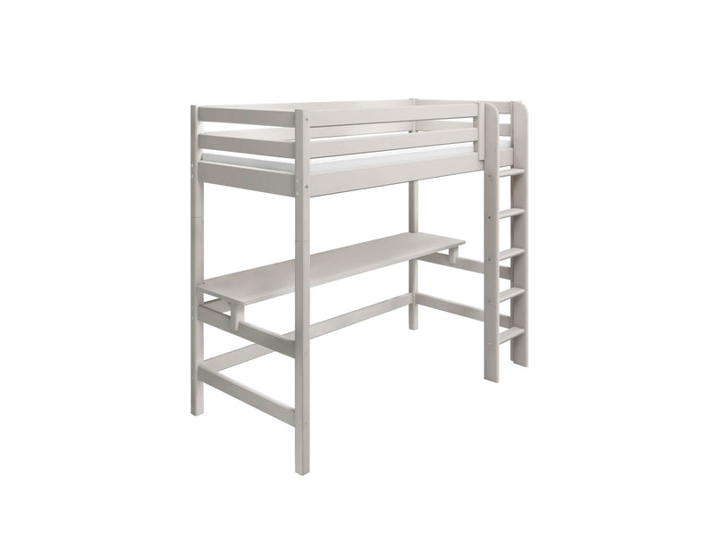 High Bed with Desk, Straight Ladder and Safety Rail, 90x200 cm, Grey