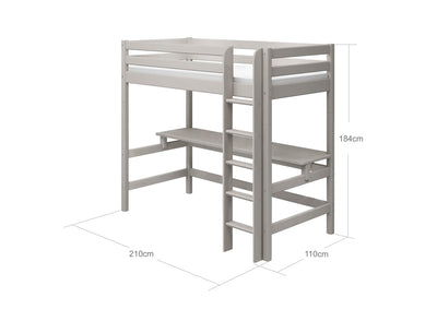 High Bed with Desk, Straight Ladder and Safety Rail, 90x200 cm, Grey