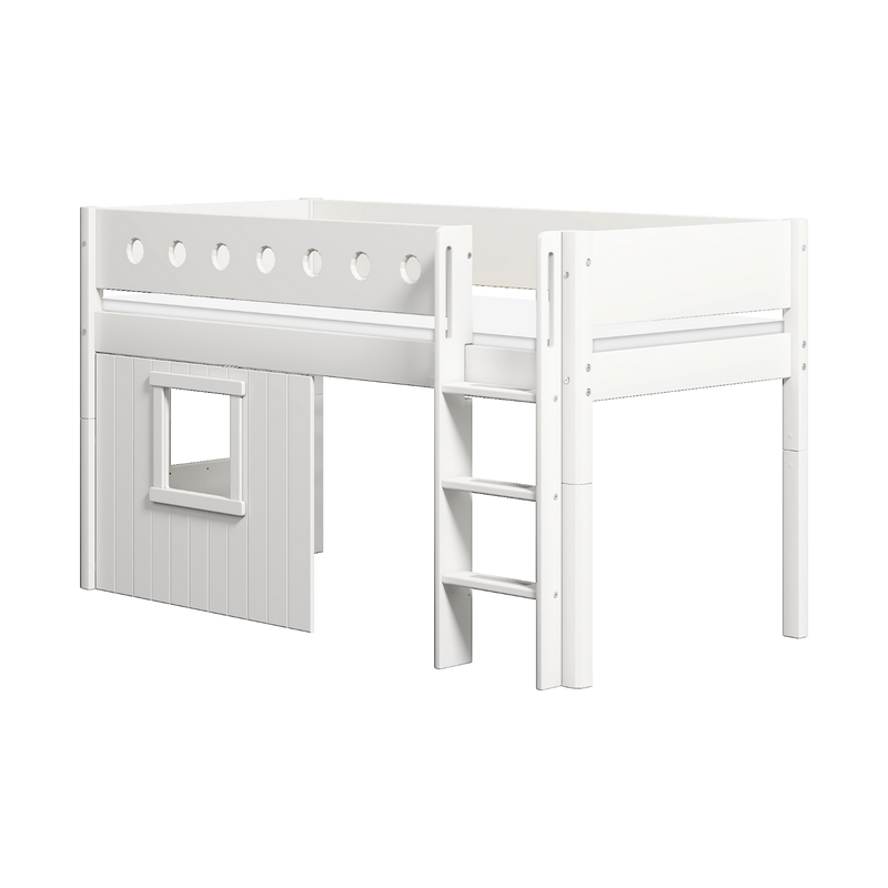 Mid-High Bed with Treehouse, Ladder and Safety Rail, 90x200 cm, White