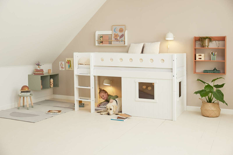 Mid-High Bed with Treehouse, Ladder and Safety Rail, 90x200 cm, White