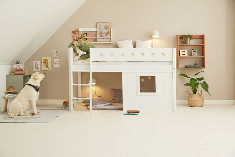 Mid-High Bed with Treehouse, Ladder and Safety Rail, 90x200 cm, White