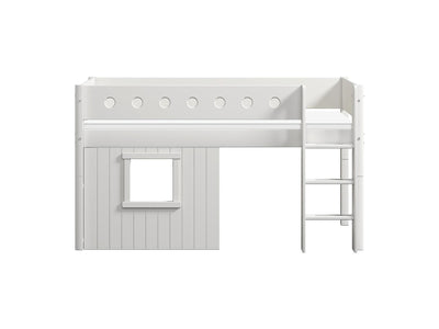 Mid-high Bed with Treehouse, Straight Ladder and Safety Rails, 90x200 cm, White