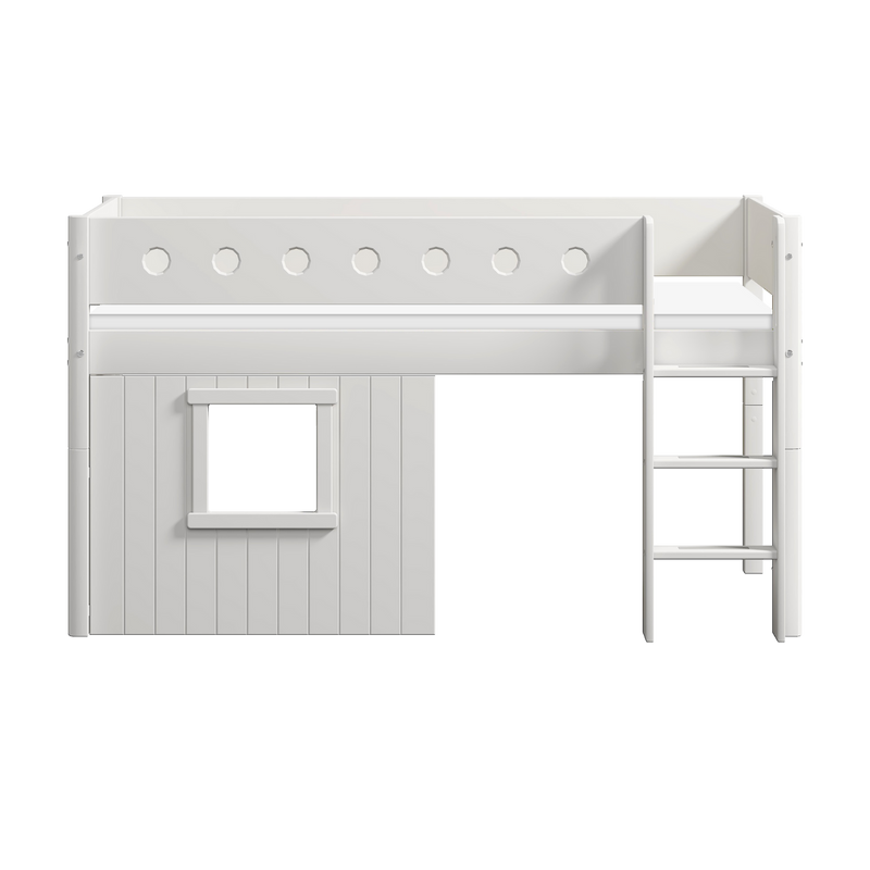 Mid-High Bed with Treehouse, Ladder and Safety Rail, 90x200 cm, White