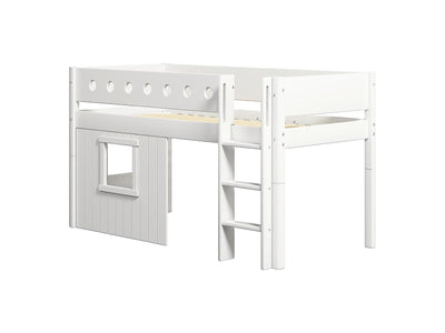 Mid-high Bed with Treehouse, Straight Ladder and Safety Rails, 90x200 cm, White