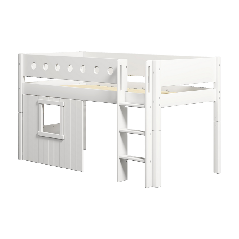 Mid-High Bed with Treehouse, Ladder and Safety Rail, 90x200 cm, White