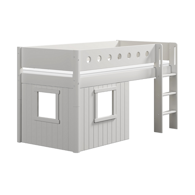 Mid-High Bed with Treehouse, Ladder and Safety Rail, 90x200 cm, White