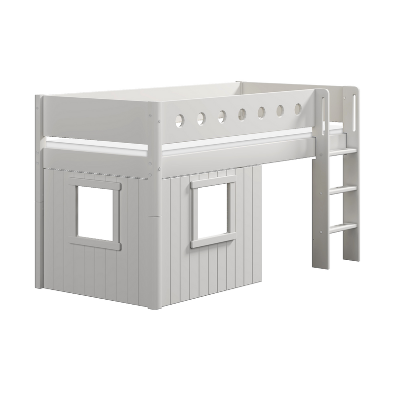 Mid-High Bed with Treehouse, Ladder and Safety Rail, 90x200 cm, White