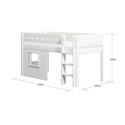 Mid-High Bed with Treehouse, Ladder and Safety Rail, 90x200 cm, White