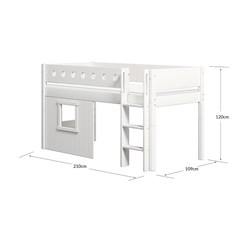 Mid-High Bed with Treehouse, Ladder and Safety Rail, 90x200 cm, White