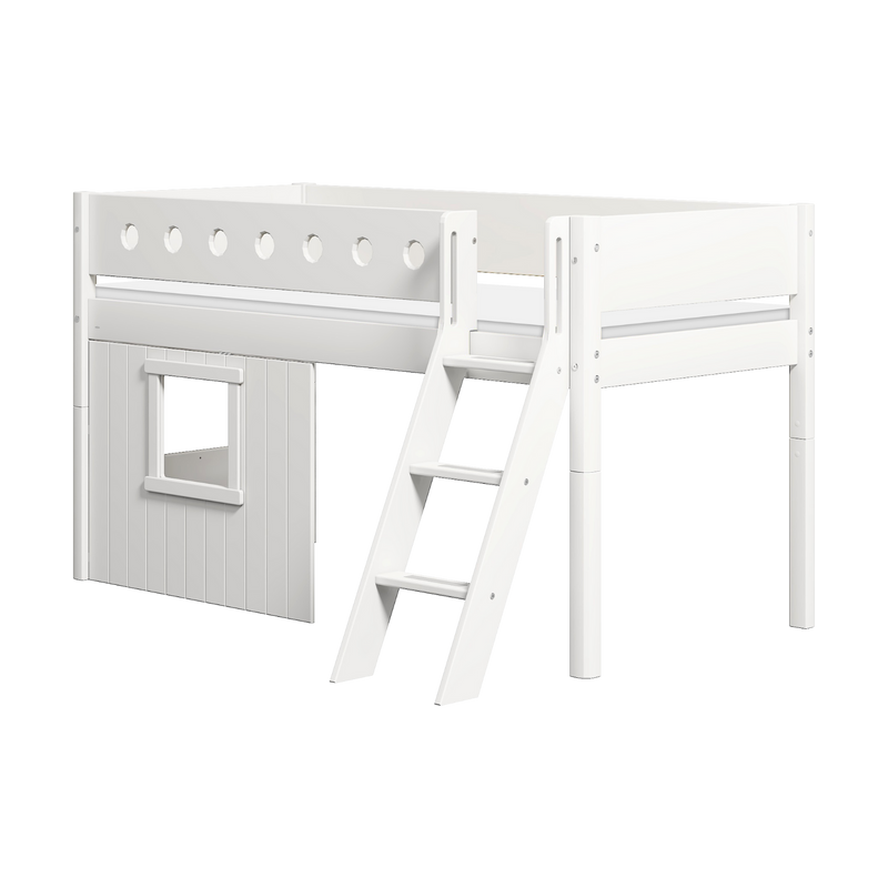 Mid-High Bed with Treehouse, Ladder and Safety Rail, 90x200 cm, White
