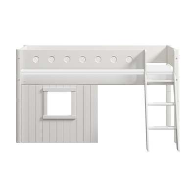 Mid-High Bed with Treehouse, Ladder and Safety Rail, 90x200 cm, White