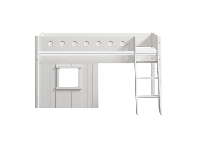 Mid-high Bed with Treehouse, Slanting ladder and Safety Rails, 90x200 cm, White