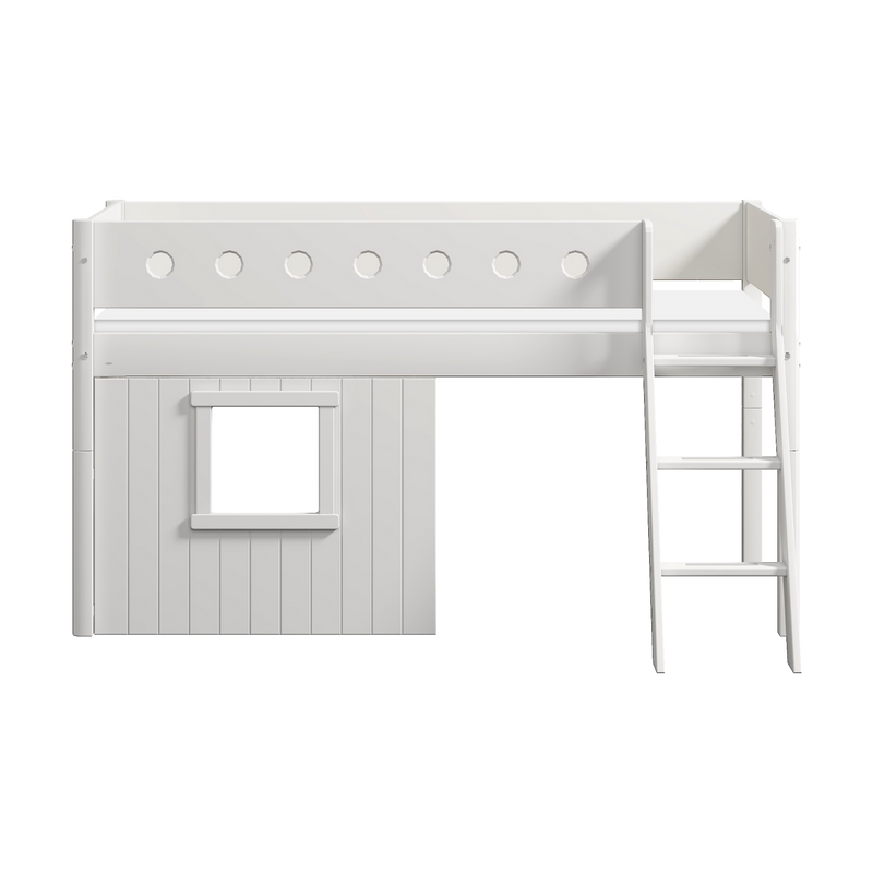 Mid-High Bed with Treehouse, Ladder and Safety Rail, 90x200 cm, White
