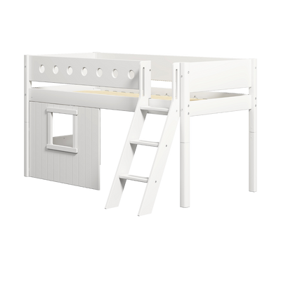 Mid-High Bed with Treehouse, Ladder and Safety Rail, 90x200 cm, White