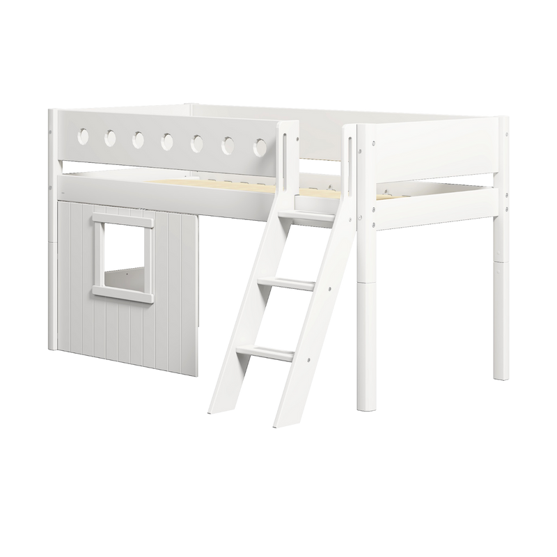Mid-High Bed with Treehouse, Ladder and Safety Rail, 90x200 cm, White