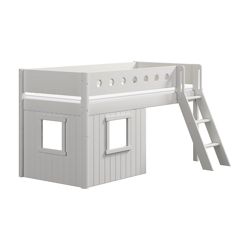 Mid-High Bed with Treehouse, Ladder and Safety Rail, 90x200 cm, White